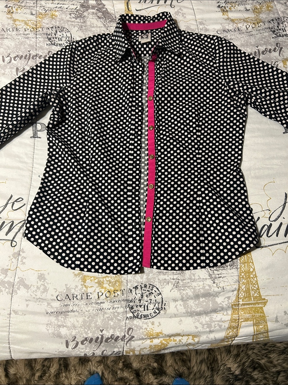 Anne Klein Black & White Polka Dot button down with Pink Trim